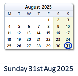 31 August 2025 calendar