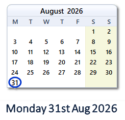 31 August 2026 calendar