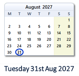 31 August 2027 calendar