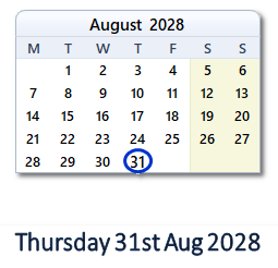 31 August 2028 calendar