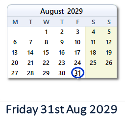 31 August 2029 calendar