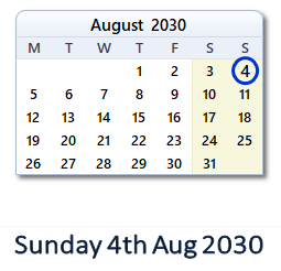 4 August 2030 calendar