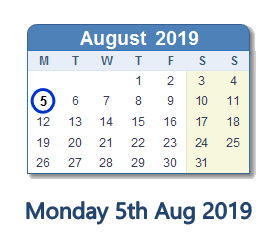 5 August 2019 calendar