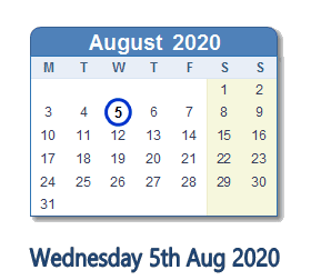 5 August 2020 calendar