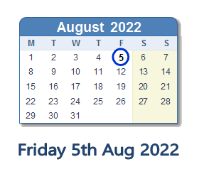 5 August 2022 calendar
