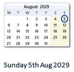 5 August 2029 calendar
