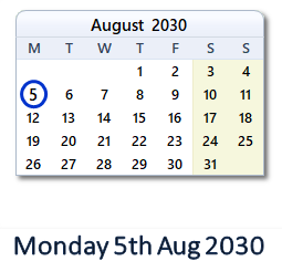 5 August 2030 calendar