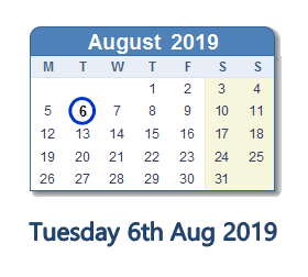 6 August 2019 calendar