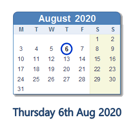 6 August 2020 calendar