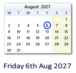 6 August 2027 calendar