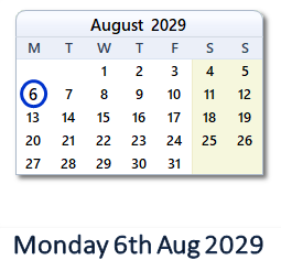 6 August 2029 calendar