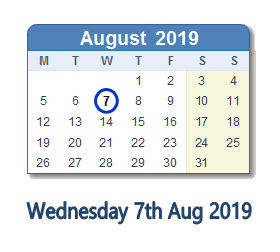 7 August 2019 calendar