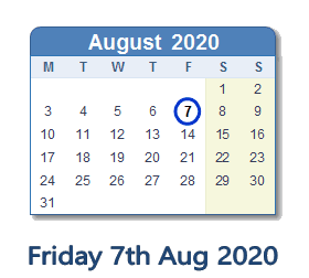 7 August 2020 calendar