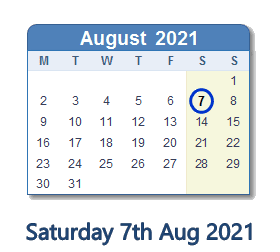 7 August 2021 calendar