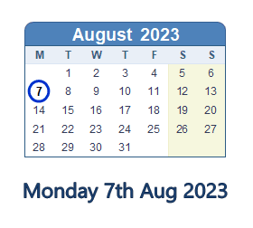 7 August 2023 calendar