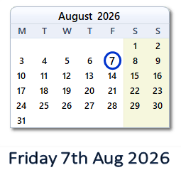 7 August 2026 calendar