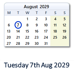 7 August 2029 calendar