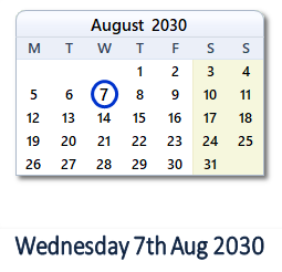 7 August 2030 calendar
