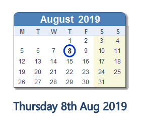 8 August 2019 calendar