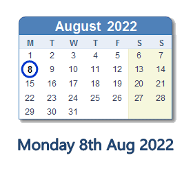 8 August 2022 calendar