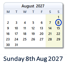 8 August 2027 calendar