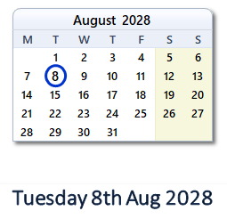 8 August 2028 calendar
