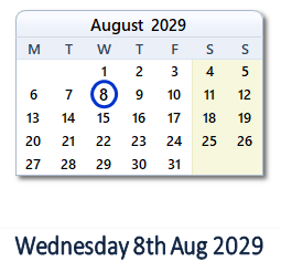 8 August 2029 calendar