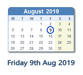 9 August 2019 calendar