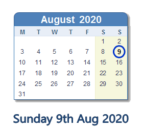 9 August 2020 calendar
