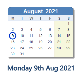 9 August 2021 calendar