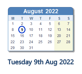 9 August 2022 calendar