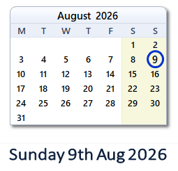 9 August 2026 calendar