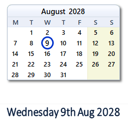 9 August 2028 calendar