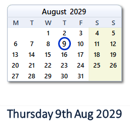 9 August 2029 calendar