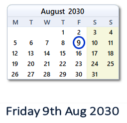 9 August 2030 calendar