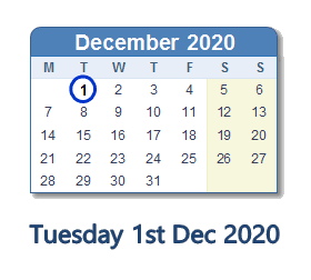 1 December 2020 calendar