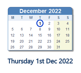 1 December 2022 calendar