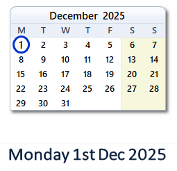 1 December 2025 calendar