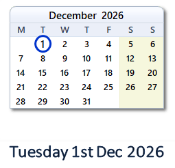 1 December 2026 calendar