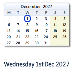 1 December 2027 calendar