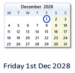 1 December 2028 calendar