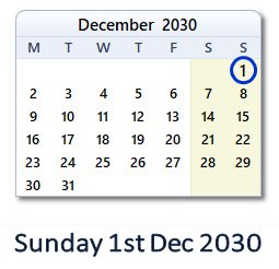 1 December 2030 calendar