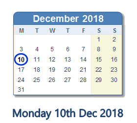 10 December 2018 calendar