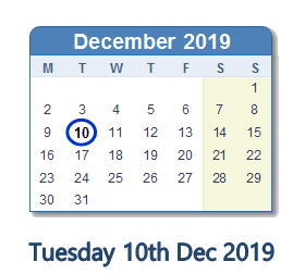 10 December 2019 calendar