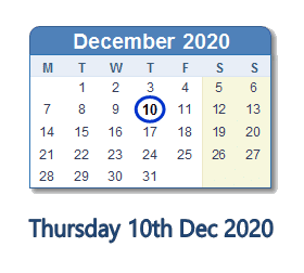 10 December 2020 calendar