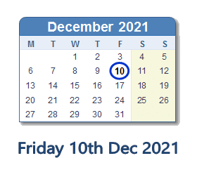 10 December 2021 calendar