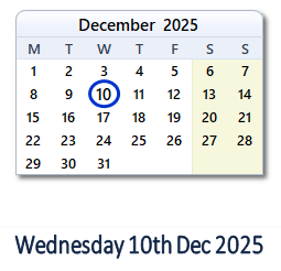 10 December 2025 calendar