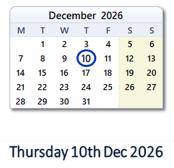 10 December 2026 calendar