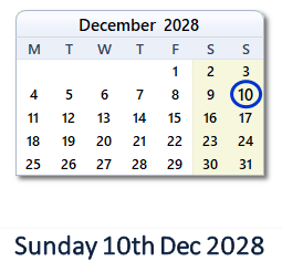 10 December 2028 calendar