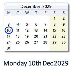 10 December 2029 calendar